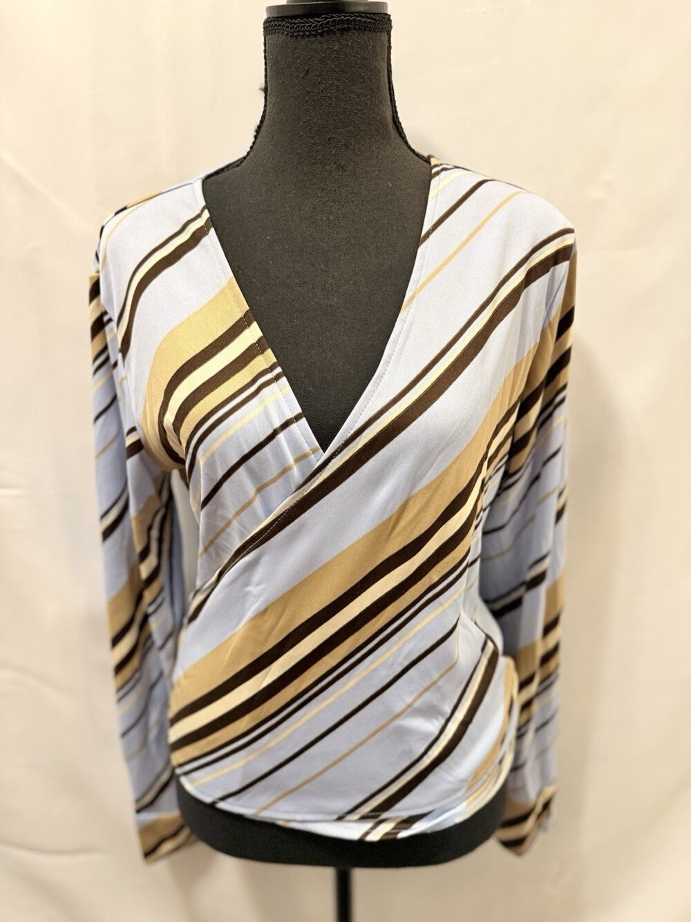 New York & Company Y2K Striped Wrap Front Blouse Top – Blue, Brown & Tan Size L